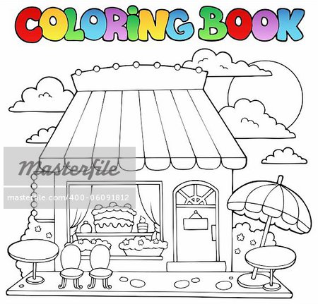 Coloring book cartoon candy store - vector illustration.