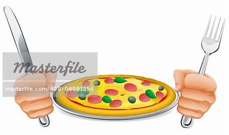 Illustration of a pizza with hands holding a knife and fork