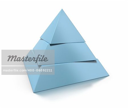 3d pyramid, three levels over white background with glossy reflection and shadow