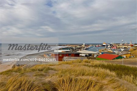 coastline in north Denmark with houses, grass and cloudy sky