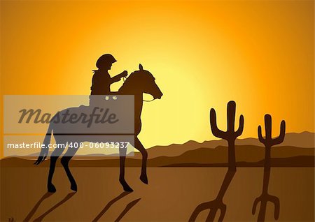 Silhouette illustration of a lonesome cowboy in the desert