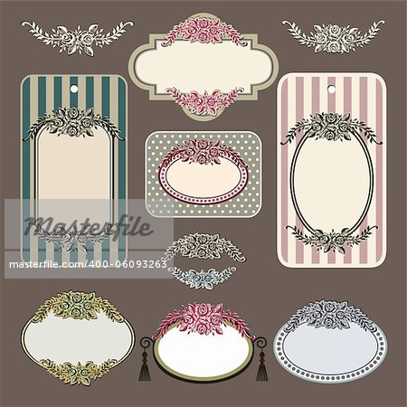 Vector illustration, set of roses vintage frames and labels in a variety of retro antique styles