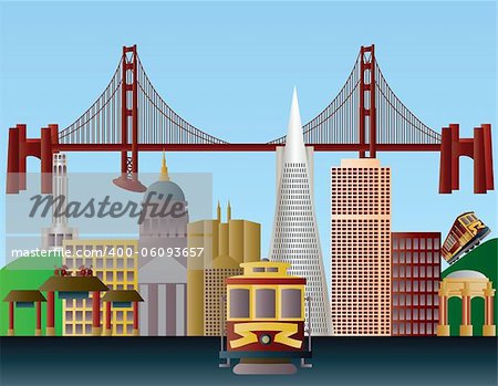 San Francisco California City Skyline with Golden Gate Bridge Illustration