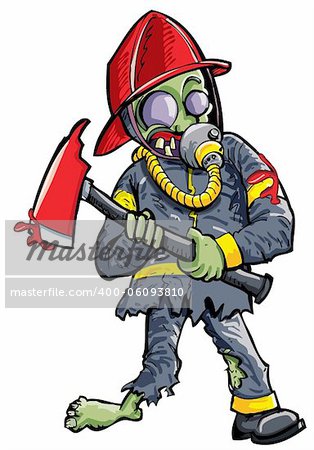 Cartoon zombie fireman with axe. Isolated on white