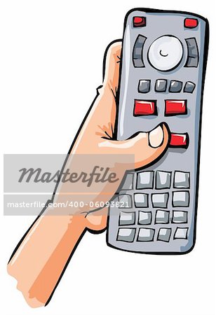 Cartoon hand holding remote contol. Isolated on white