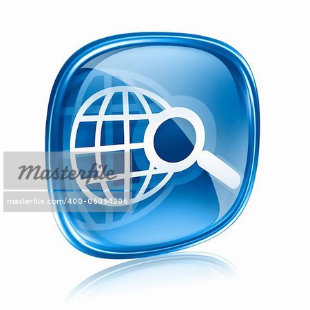 globe and magnifier icon blue glass, isolated on white background.