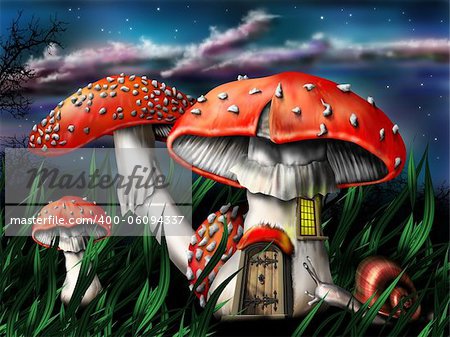 Illustration of enchanted magical mushrooms in the forest