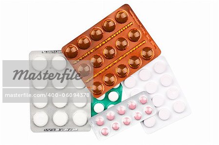 A variety of medicinal tablets in blister pack isolated on white