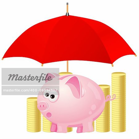 piggy-bank and money under red umbrella. Also available as a Vector in Adobe illustrator EPS format, compressed in a zip file. The vector version be scaled to any size without loss of quality.