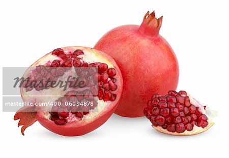 Ripe pomegranate fruit with half isolated on white background