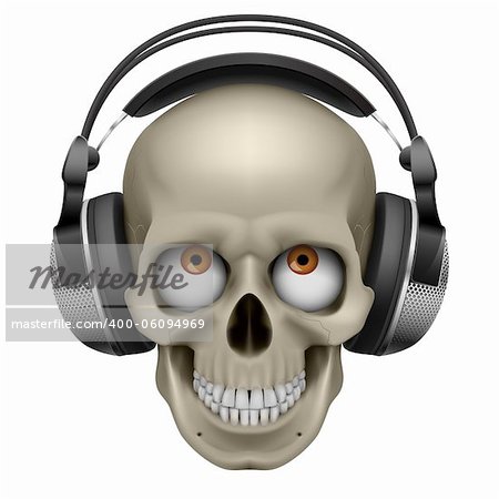 Human skull with eye and music headphones. Illustration on white