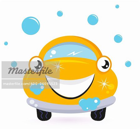 Car wash services, yellow cartoon auto. Vector