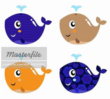Four stylized patterned whale collection. Vector
