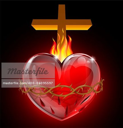 Illustration of the Most Sacred Heart of Jesus. A bleeding heart with flames, pierced by a lance wound with crown of thorns and cross.
