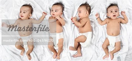 Baby in 4 different expressions on white satin background