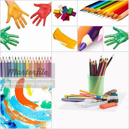 funny painted hand and pencils on white background