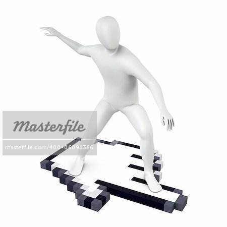 Abstract white guy rides on large computer cursor, isolated on white