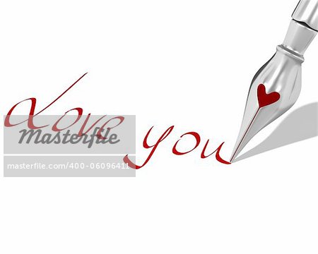 Ink pen nib with heart writes "Love you" isolated on white background