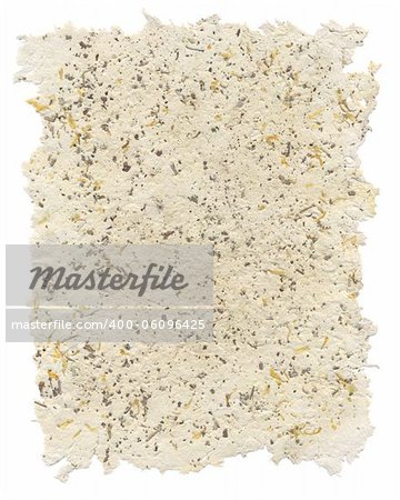Handmade paper with petals and parts of salvia inside, isolated on white background
