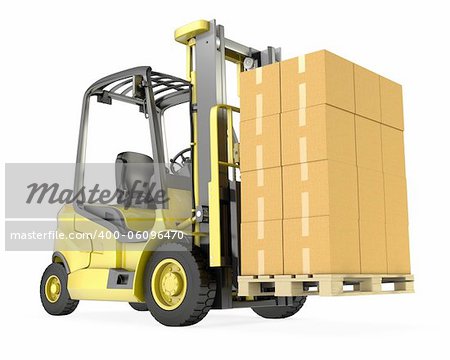 Yellow fork lift truck with big stack of carton boxes, isolated on white background