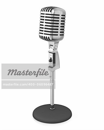 Classic microphone on black stand, isolated on white background