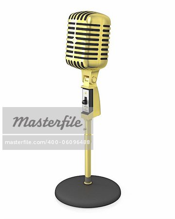 Golden classic microphone on black stand, isolated on white background