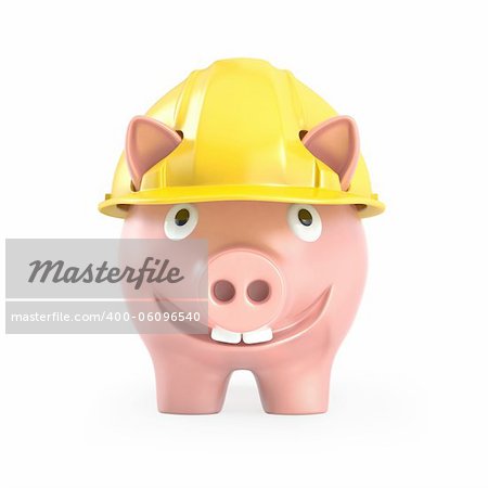 Piggy bank wears yellow helmet, front view isolated on white background