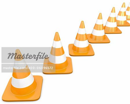 Diagonal line of traffic cones, isolated on white background