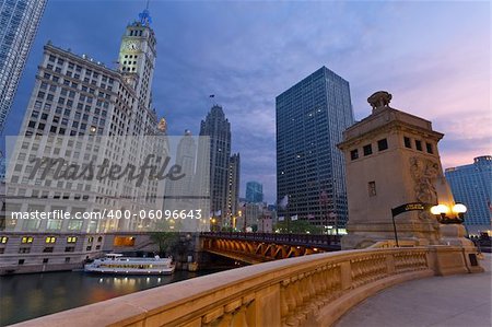 Image of the Chicago riverside downtown district during sunrise. Image of the Chicago riverside downtown district during sunrise.