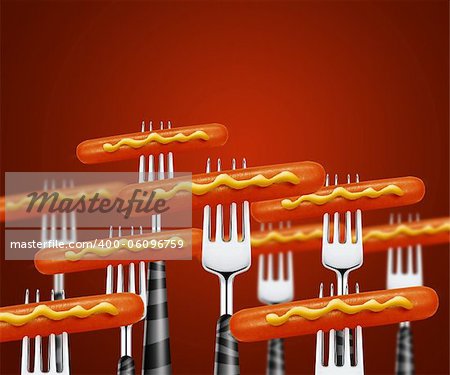 set of hotdog pierced by forks