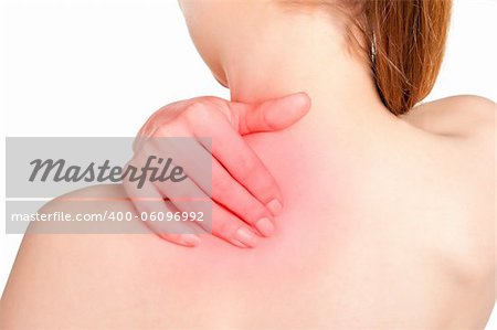 Young woman with pain in the back of her neck. Red around the pain area.