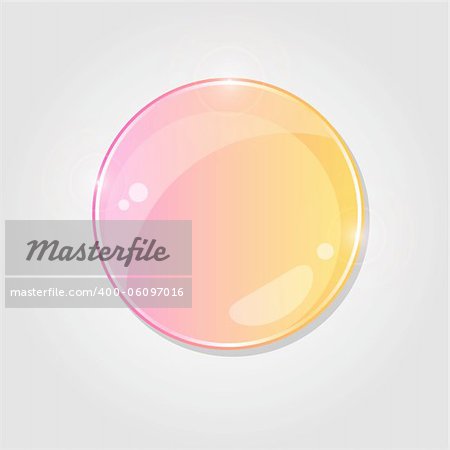 Yellow Pink Round Shiny Glass Drop on Grey Background. Vector Illustration