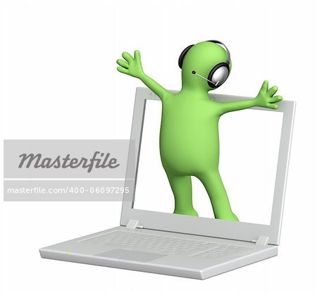 Puppet with laptop. Isolated over white