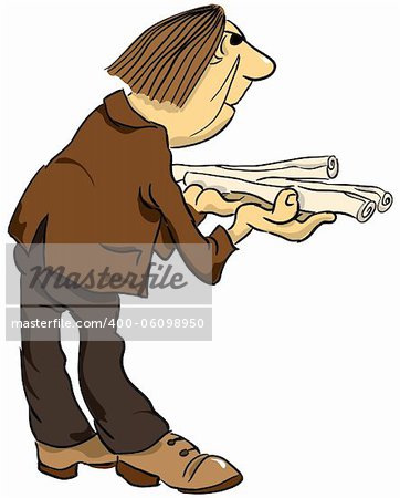 A man with a scroll of paper. Vector illustration, cartoon