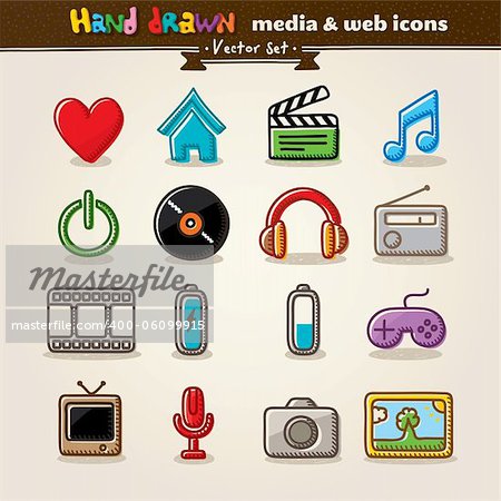 Vector Hand Drawn Media And Entertainment Web Icons