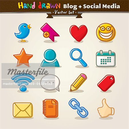 Hand Draw Blog And Social Media Icon Set. Vector illustration.