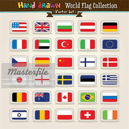 Hand Draw World Flags Icon Set. Vector illustration.