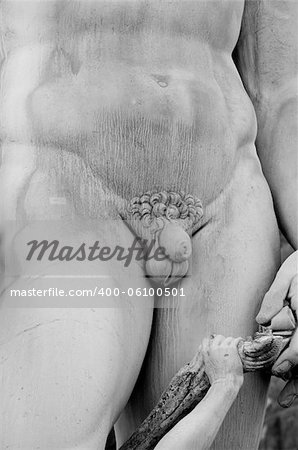 The statue of Neptune's groin in black and white. The Fountain of Neptune, made by Bartolomeo Ammannati in 1563â??1565, is located in the Piazza della Signoria in front of the Palazzo Vecchio (Florence, Italy). Useful file for your brochure about italian culture or anatomy.