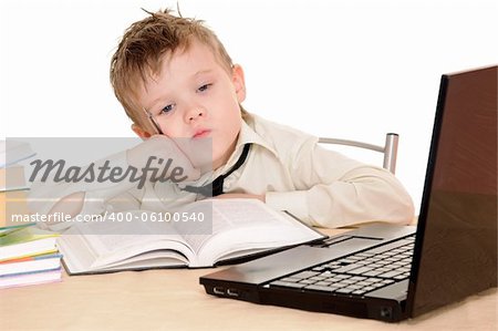 Ponderer pupil with laptop isolated on the white background