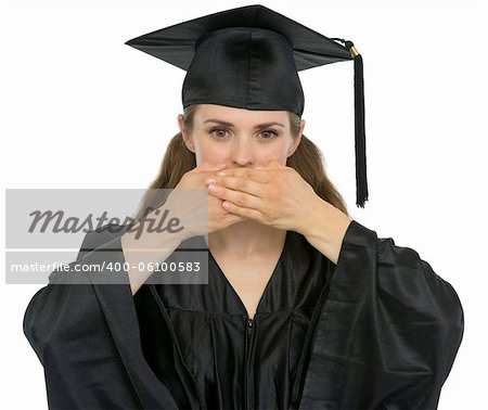 Graduation student girl making speak no evil gesture