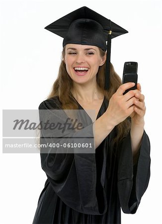 Happy graduation girl making self photo by phone