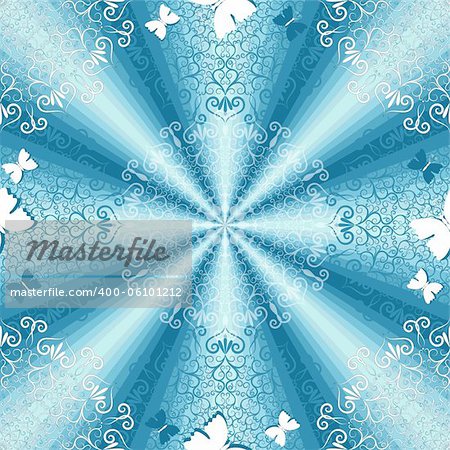Gentle white-blue seamless background with translucent  round floral pattern and butterflies (vector EPS 10)