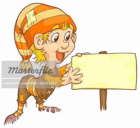 gnome shows a sign banner. Sweetheart vector illustration.