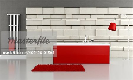 red bathtub in front at stone panel - rendering