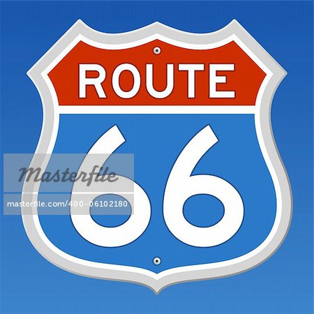 Blue and Red Sign of Route 66 on blue sky background