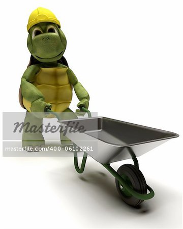 3D render of a tortoise Builder with a wheel barrow