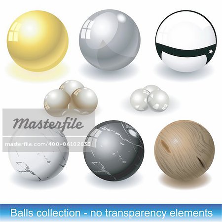 Balls collection with different materials: Gold, Silver, Glass, Marbles, Wood. And a pearl as small ones. Without transparency elements.