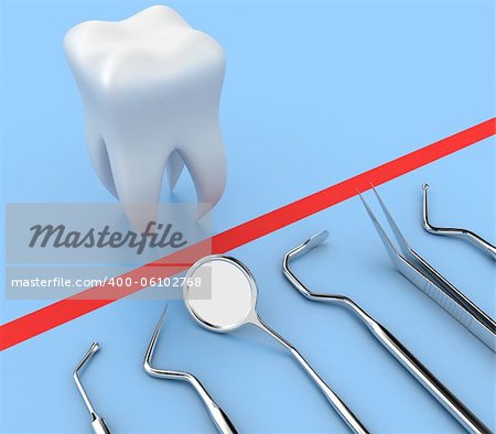 Illustration of dental tools opposite to white tooth