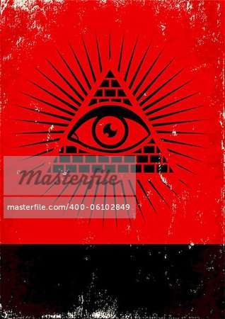 Red and black poster with pyramid and eye
