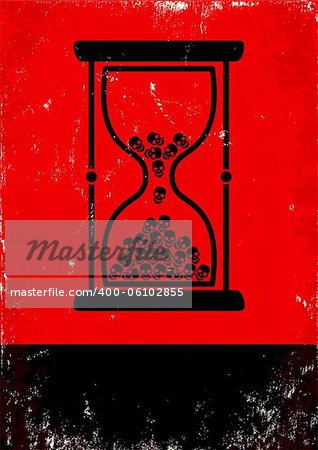 Red and black poster with hourglass and skulls